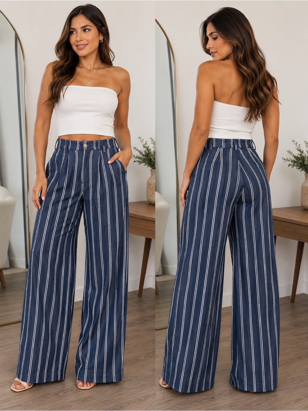 Express High Rise Wide Leg Striped Pants Size 6S Blue White